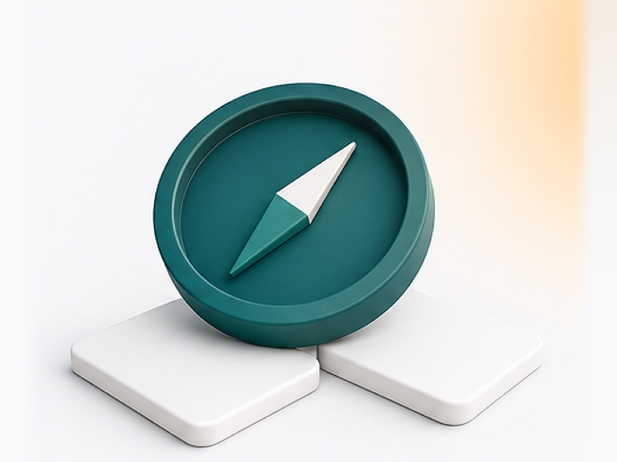 Calm abstract illustration of a teal compass resting on two white comparison cards