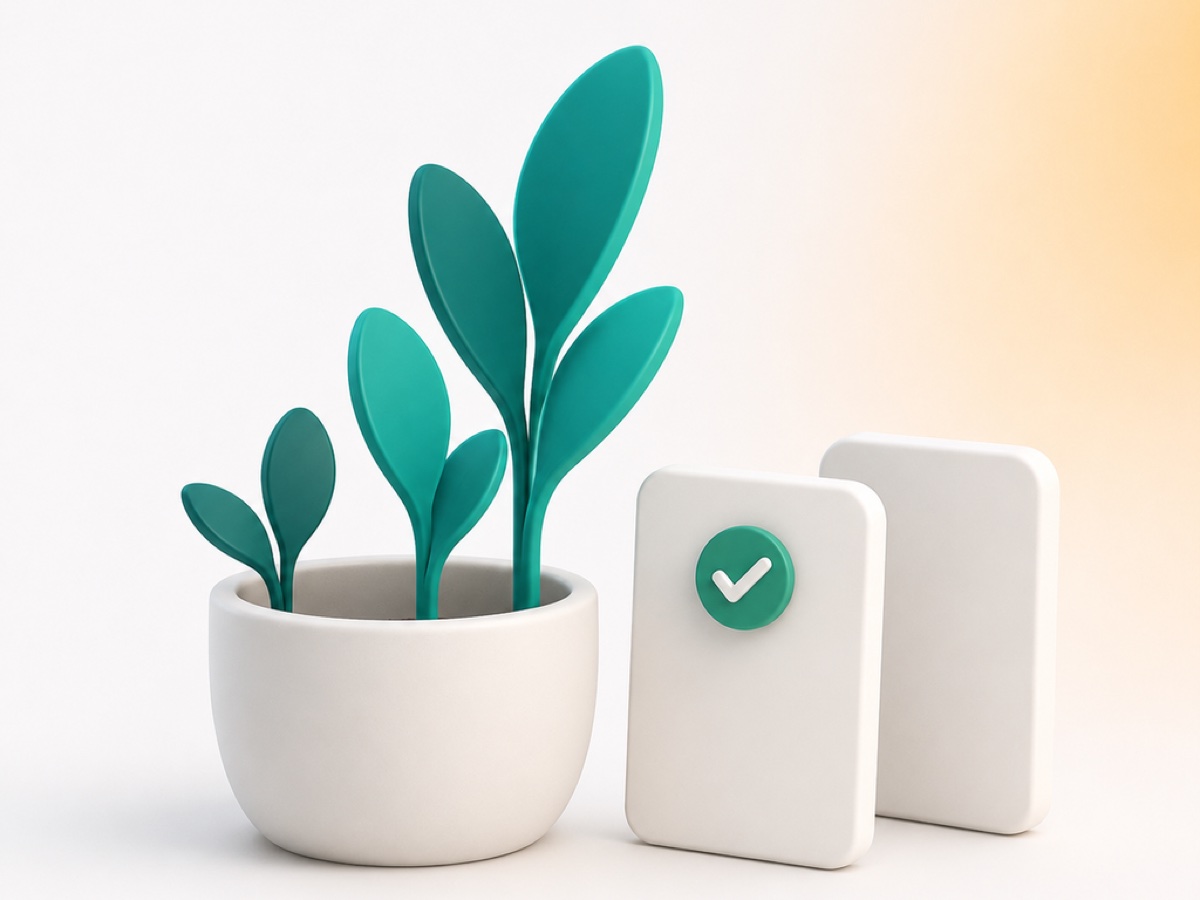 Abstract illustration of a teal plant growing beside two comparison cards, one marked with a green tick